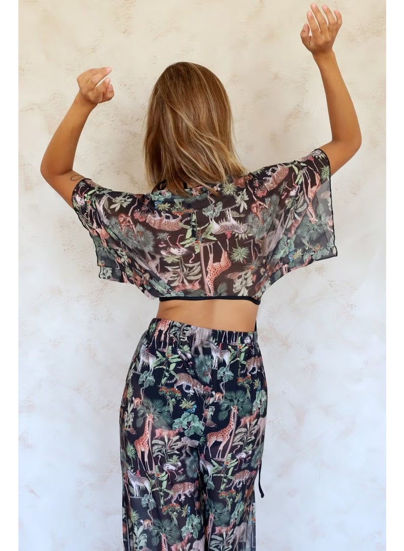 Hamur Dough Crop Cross Tie Detailed Beach Pareo Summer Tulle Chiffon Blouse Woods Black Std - Image 2
